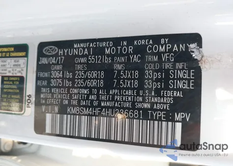 2017 Hyundai Santa Fe Se from USA, damaged, VIN KM8SM4HF4HU236681